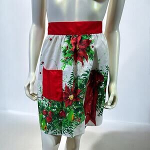 Vintage Christmas Handmade Apron – Multicolor Floral Print, One Pocket, Tie Back